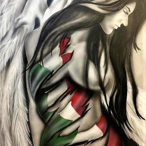 airbrushed lady angel with Italian flag wrapped around her torso