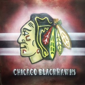 chicago blackhawks head painted on etched wood