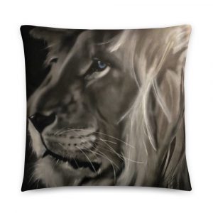 black and white lion head with blue eye airbrushed on pillow 22x22