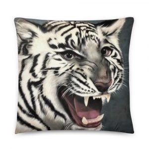 black and white tiger with blue eyes airbrushed on pillow