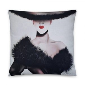 Airbrushed lady with a black fur lined hat and jacket with red lips on a throw pillow