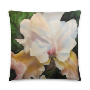 White Iris airbrushed on pillow with green background 22x22