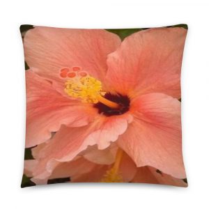 Peach hibiscus flower airbrushed on pillow 22x22
