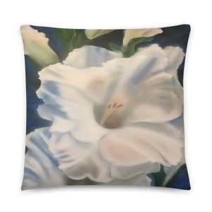 White gladiola and 3 buds airbrushed with blue background on pillow