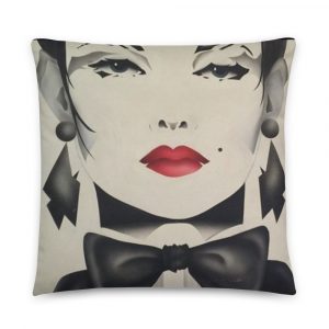 Modern lady's face with blue eyes red lips and black bow tie
