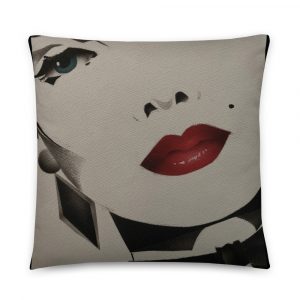 airbrushed lady with blue eye and red lips on a pillow 22x22