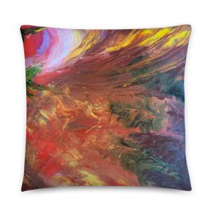 red, blue, orange, yellow, purple colorful abstract painted on pillow 22x22