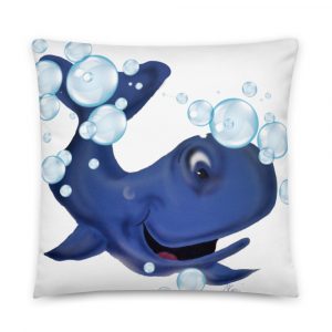 blue cartoon whale with bubbles airbrushed on a pillow