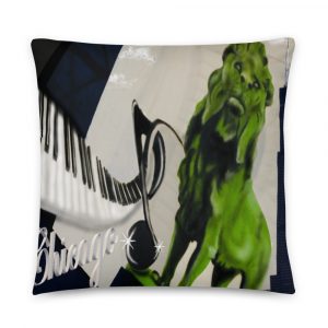 black and white piano keys with green art institute lion and seats tower on pillow