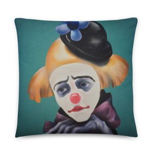 Airbrushed clown with yellow hair and black hat with flower on a throw pillow