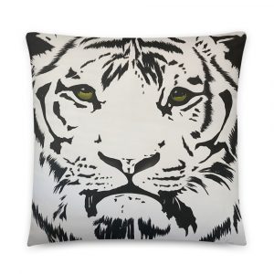 White tiger face with green eyes painted on a throw pillow 22x22