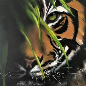 Bengal tiger airbrushed on canvas with green eye peeking through grass