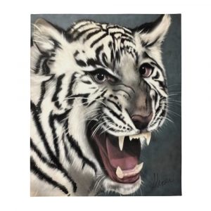 Black and white tiger with blue eyes and big teeth airbrushed on throw blanket