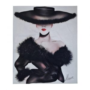 Airbrushed lady with a black fur lined hat and jacket with red lips on a throw blanket