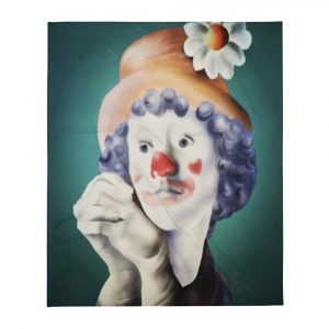 Airbrushed clown with blue hair and yellow hat with flower on a throw blanket