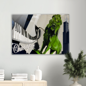 Black and White piano keys with music note Chicago Art Institute Lion and Sears Tower on acrylic