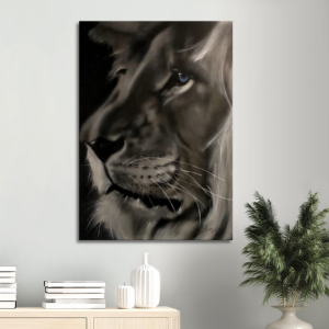 Black and white airbrushed lion face with blue eyes on canvas 28x40