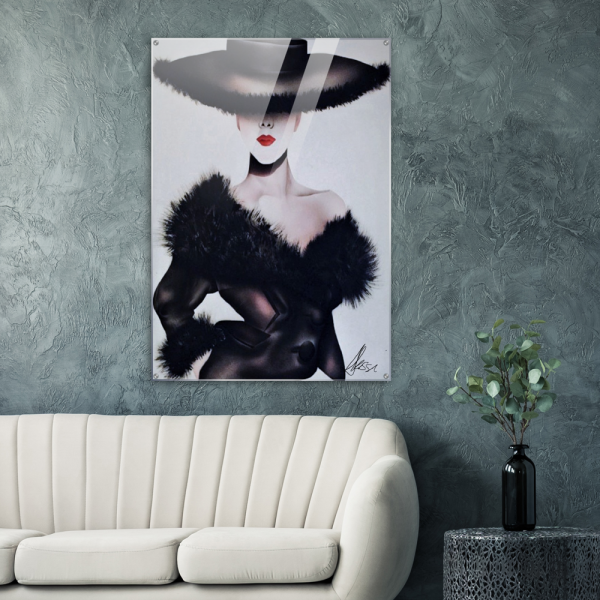 Airbrushed lady with black fur trimmed hat and coat and red lips 28x40