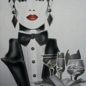 Bartender girl holding tray of cocktails and martini with green olive