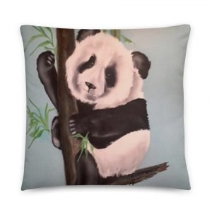 Baby panda sitting on a branch with green leaves on decorative pillow 22x22