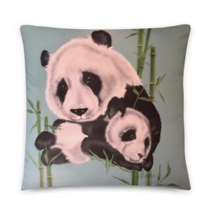 mama holding baby panda and green bamboo painted on decorative pillow 22x22