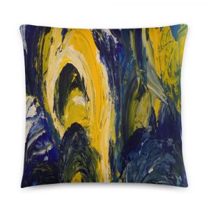 Bright yellow and blue abstract painted pillow 22x22