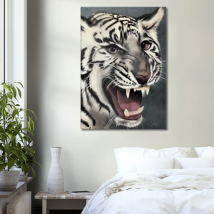Airbrushed White tiger face with blue eyes and large teeth 28x40