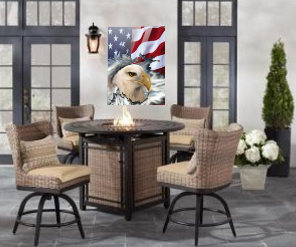 American flag with airbrushed eagle head on acrylic in an outdoor patio setting
