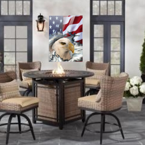 American flag with airbrushed eagle head on acrylic in an outdoor patio setting