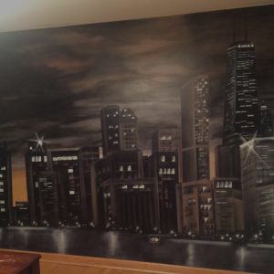 Chicago Skyline in brown tones airbrushed on wall