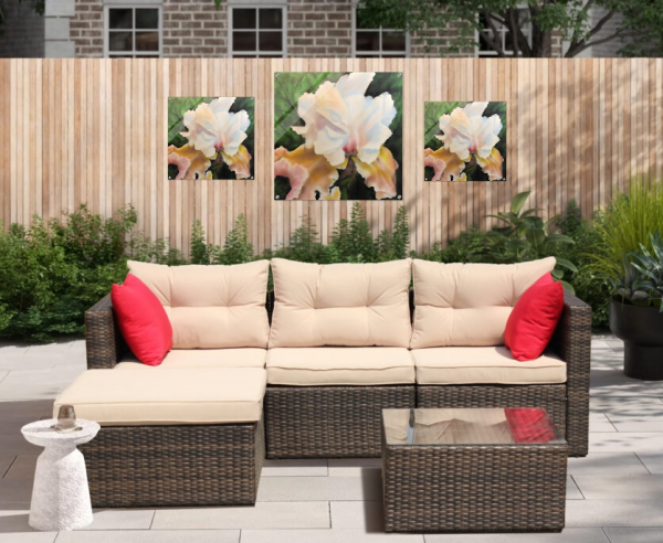 Three iris acrylic prints displayed on outdoor patio