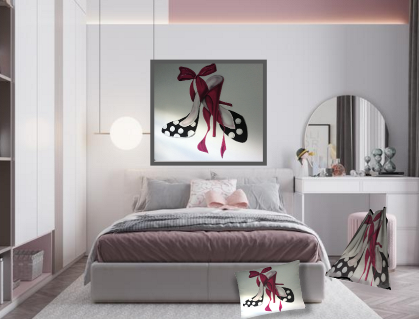 black and white Polka dot shoe with pink laces painting, pillow and throw in bedroom setting