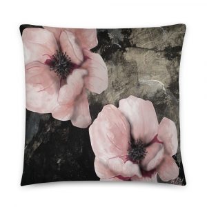 two big pink flowers with black marble background on a pillow 22x22