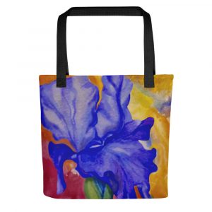 Purple Watercolor iris painted on tote bag with yellow, pink and orange background