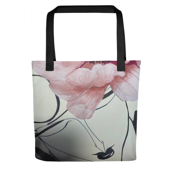 Modern lady with pink flower painted on tote