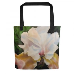 Airbrushed white iris on tote bag with green background