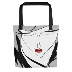 Black and white modern lady with red lips painted on a tote