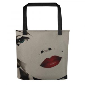lady's face with blue eye and red lips on a tote bag