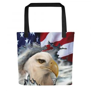 red, white, and blue American flag with airbrushed eagle head popping through
