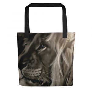 Black and white airbrushed lion face with blue eye on a tote bag