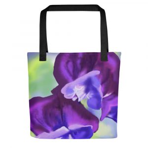 purple flower with green and yellow background painted on tote bag