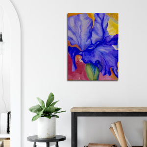 Watercolor purple iris flower on canvas with pink, yellow and orange background 24x32