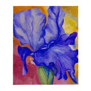 purple watercolor iris painted on throw blanket with orange yellow and pink background