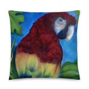 parrot bird airbrushed with red, yellow and blue on pillow
