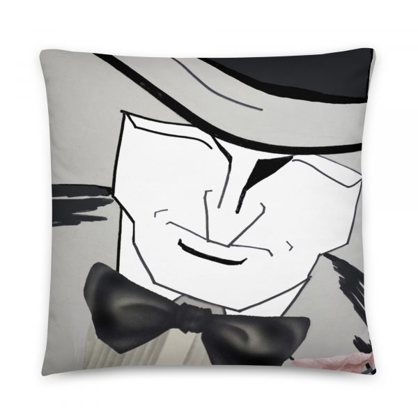 gentleman with hat on pillow with pink flower and bow tie