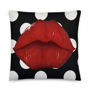 Big red lips airbrushed on polka dot pillow