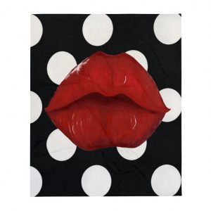Big red lips airbrushed on black and white polka dot throw blanket