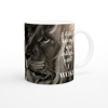 Novelty coffee mug with airbrushed lion design and text