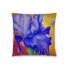 Watercolor purple iris flower on pillow with pink yellow and orange background