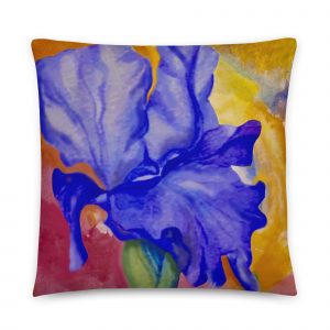 Watercolor purple iris flower on pillow with pink yellow and orange background